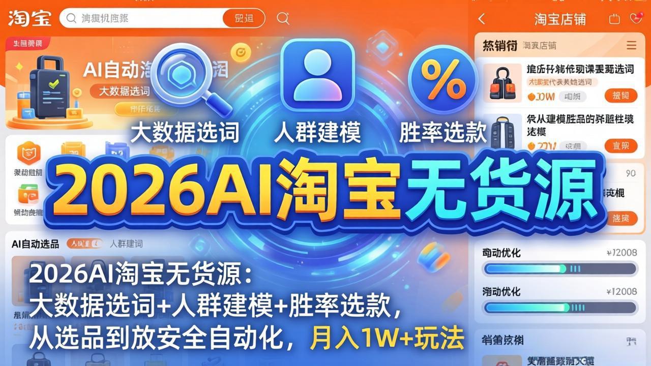 2026AI淘宝无货源：大数据选词+人群建模+胜率选款，从选品到放大全自动化，月入1W+玩法-轻创终点站